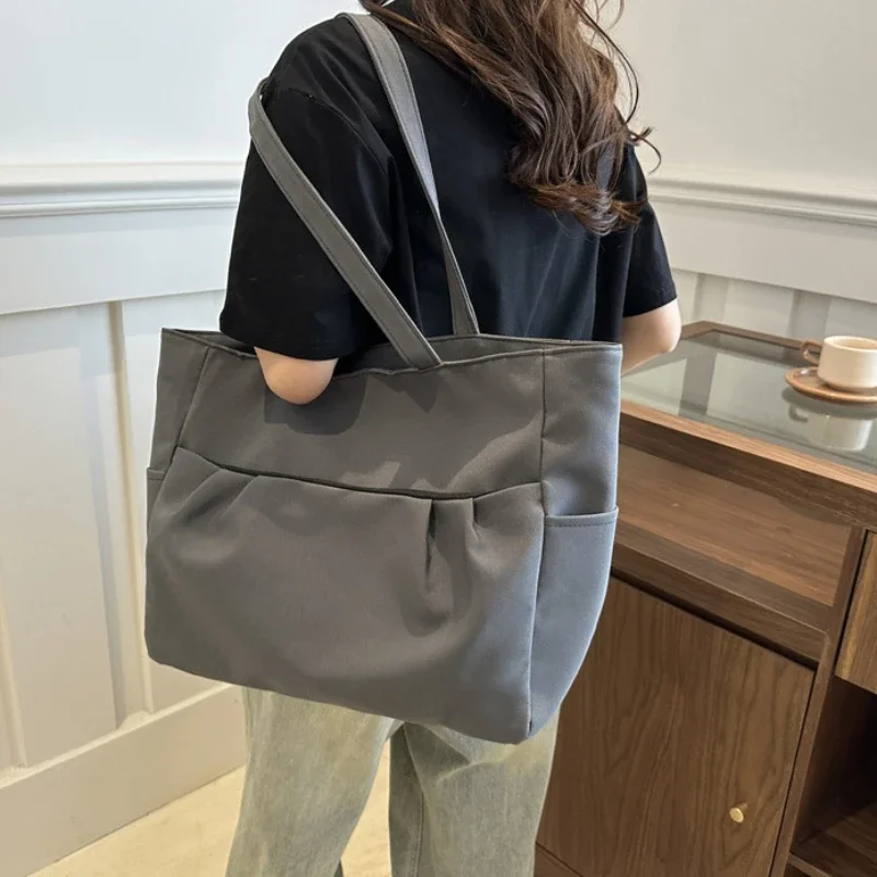 Casual Early Autumn Women Nylon Large Capacity Smooth Shoulder Bag Commuter Supple Solid Colour Ruched Outer Pocket Handle Bag