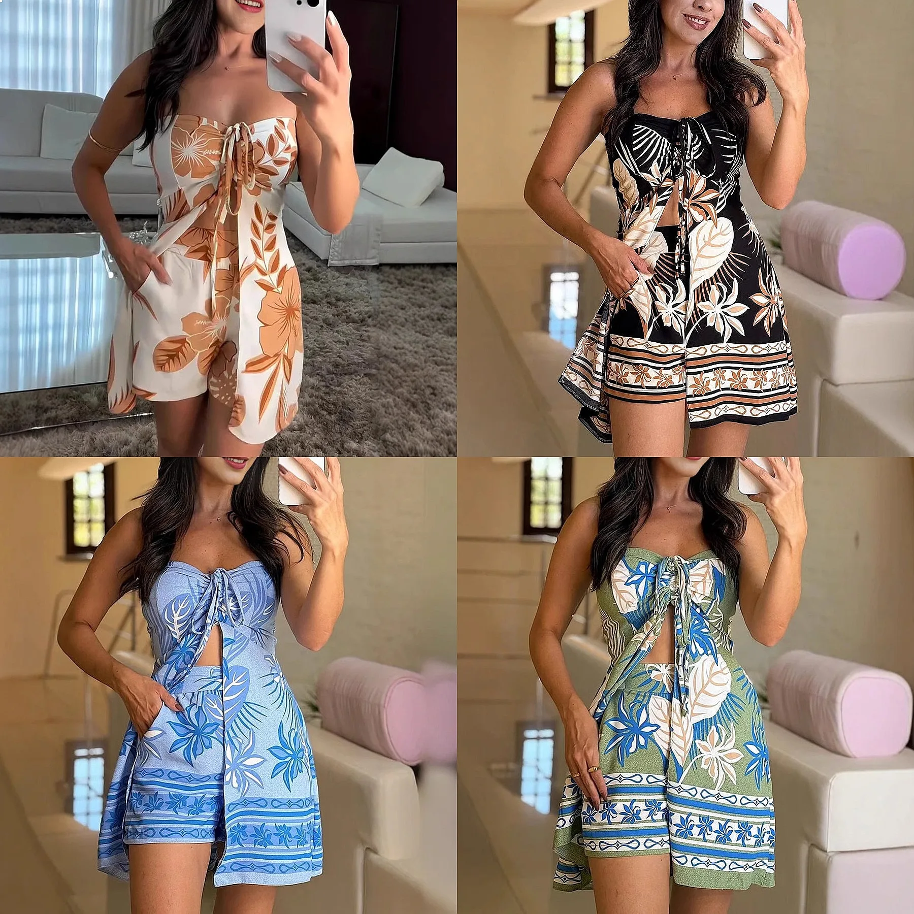 

Amazon Summer Floral Print Sexy Tube Top Blouse With Pockets Shorts Matching Set Jumpsuit Playsuit