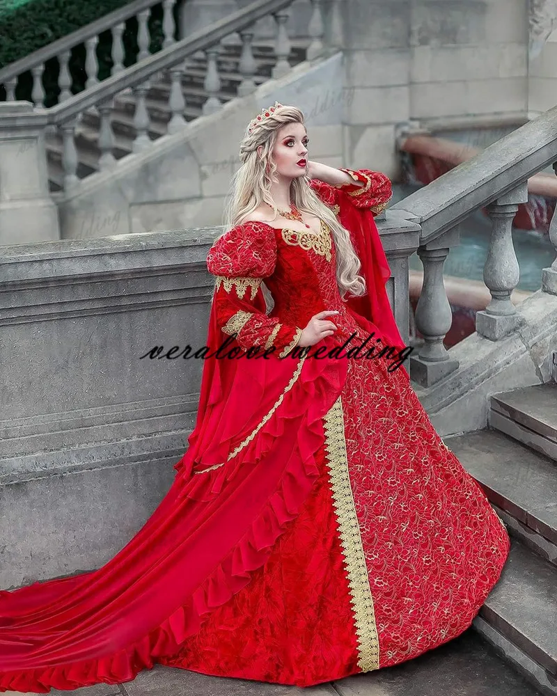 

Customized Medieval Fantasy Ball Gown Wedding Dresses Victorian Halloween Bridal Party Gowns Robes Soiree Red Dresses Plus Size