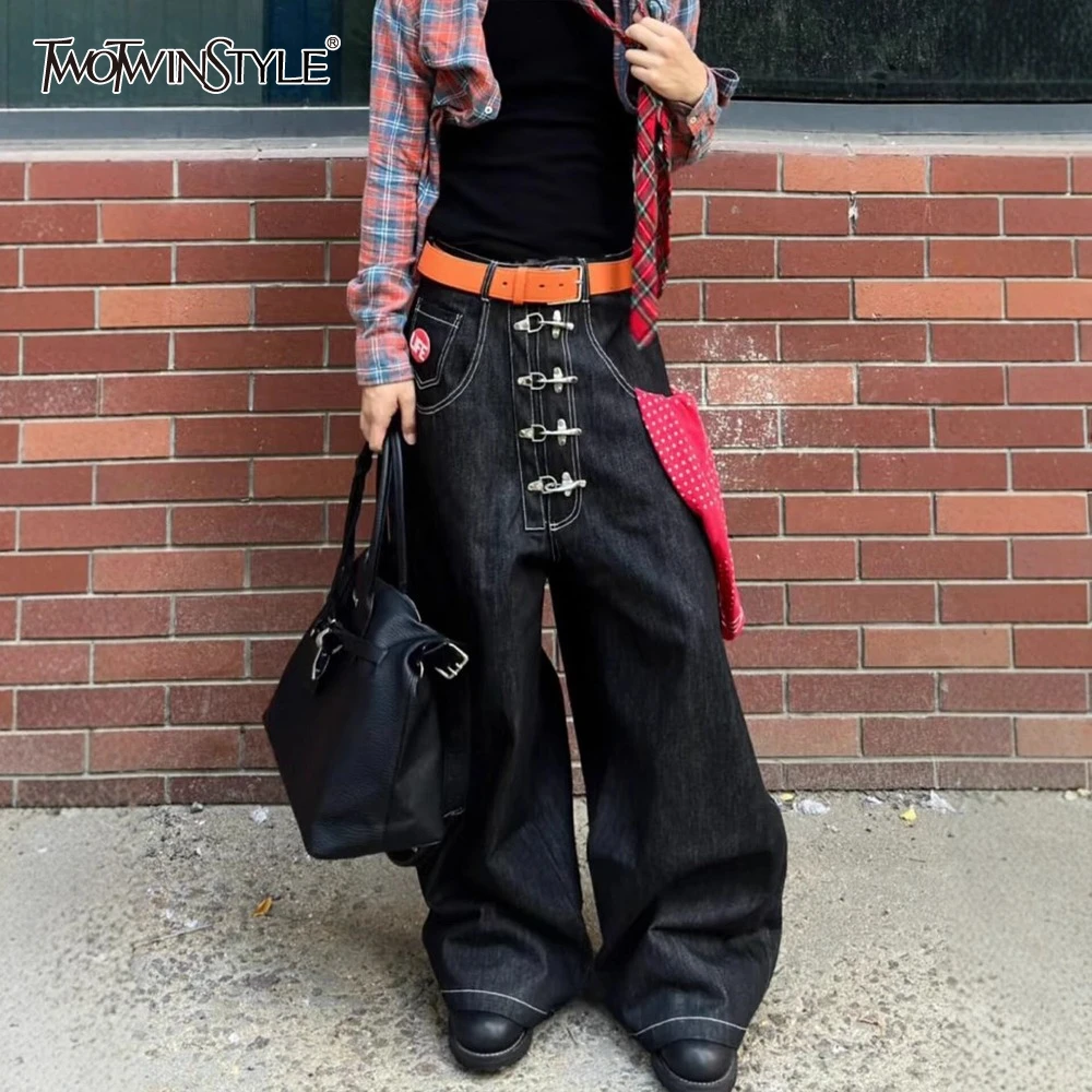 TWOTWINSTYLE Black Spliced Button Basics Trousers Female High Waist Loose American Retro Women's Wide Leg Pants Summer Style New