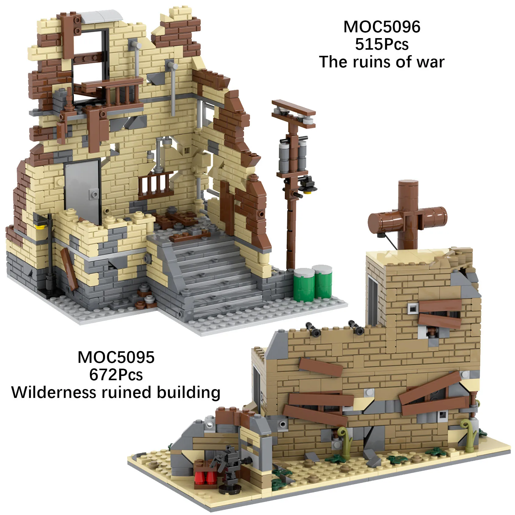 MOC WW2 Ruins Building Blocks Trench Battlefield Damaged Houses War Scene Military Soldiers Bricks Toys Kids Gift