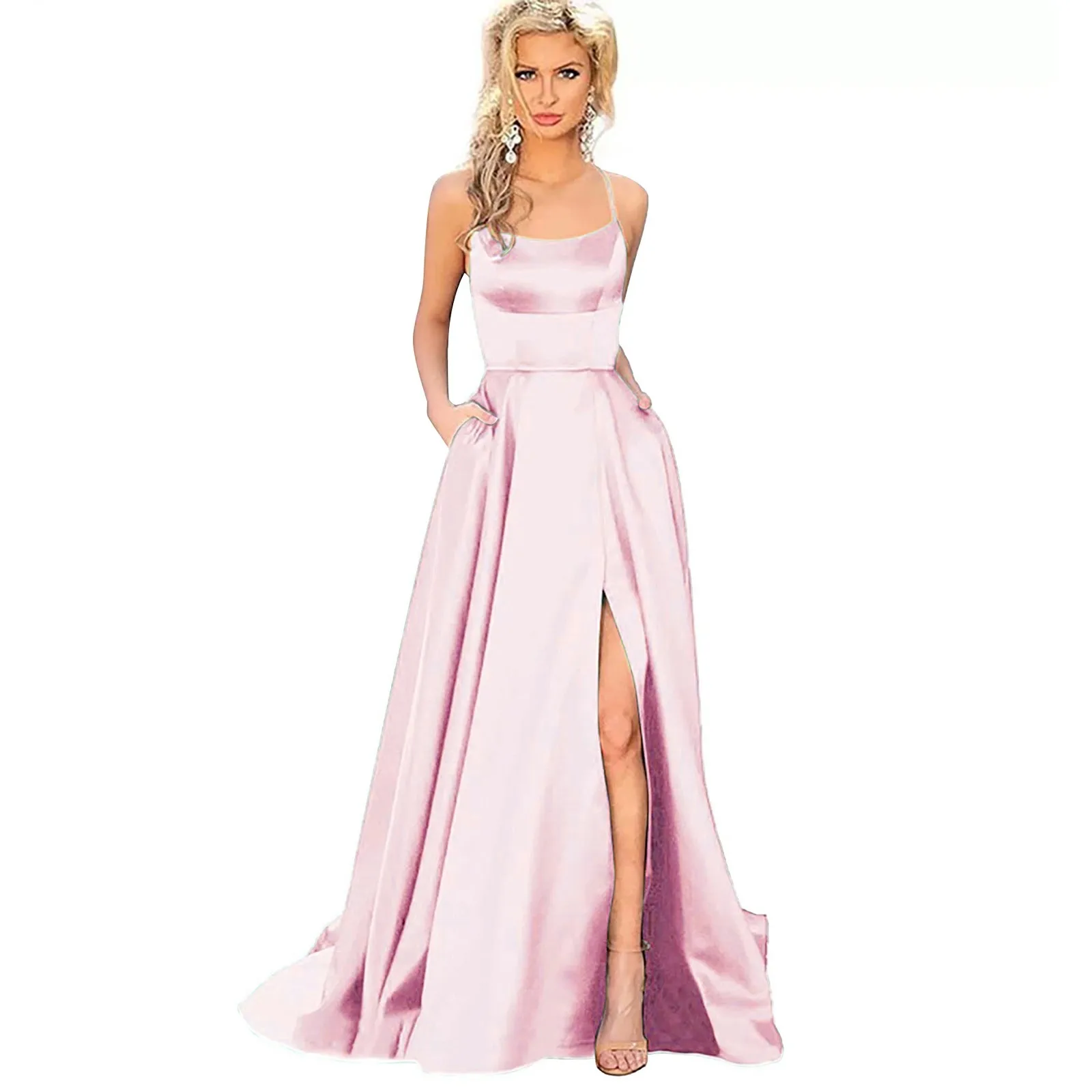 Sexy rücken freie lange Abend Ballkleid lila Seite Slip Maxi kleid Frauen eine Linie Spaghetti träger Satin Ballkleider formelle Vestido