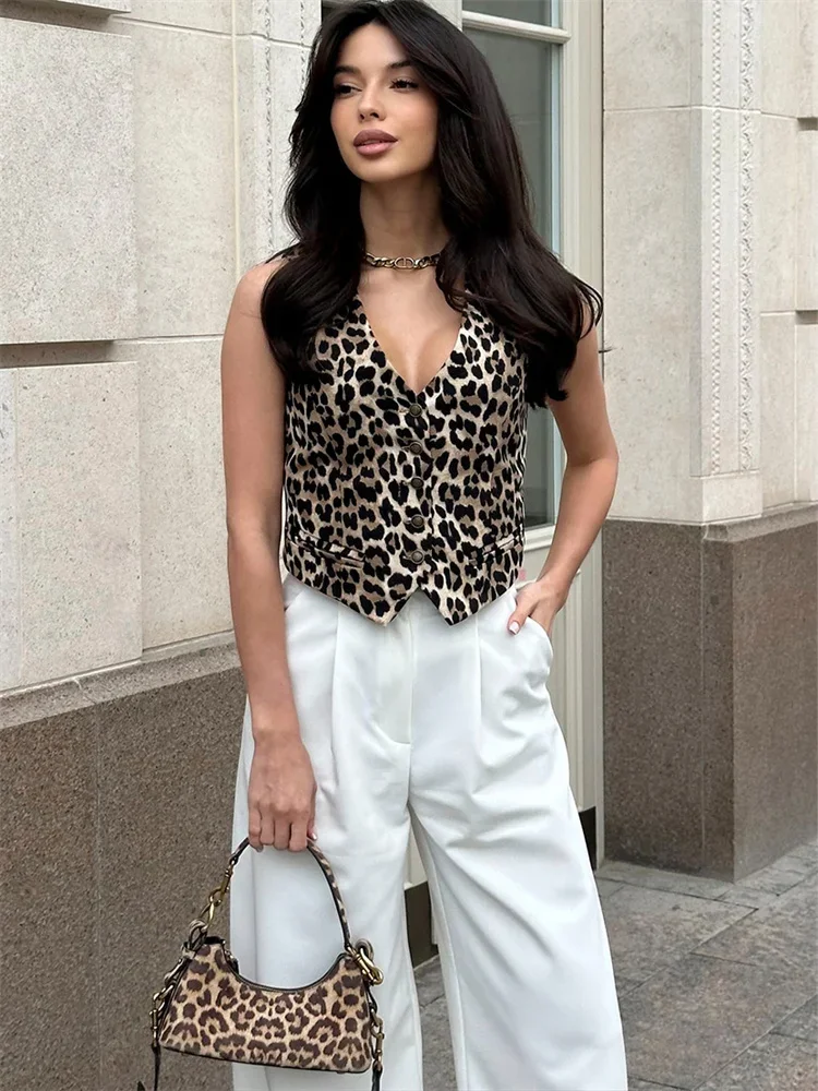 Leopard پرنٹ شدہ 2 پیس سیٹ شارٹس برائے خواتین V-Neck Sleeveless Vestidos Top and High Waist Pocket Shorts Sets Streetwear