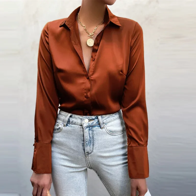 Langarm Bluse Tops Frauen Shirt Grüne Taste Up Revers Lose Satin Camisas Elegante Frühling Sommer Büro Damen Shirts Top