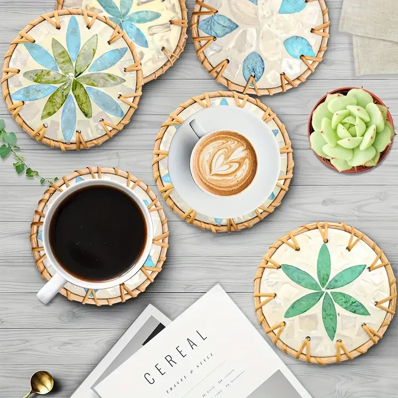 Anti-scalding Rattan And Ceramic Shell Coasters Handmade Creative Colorful Round Coffee Table Mats Bowl Mats For Home Decor