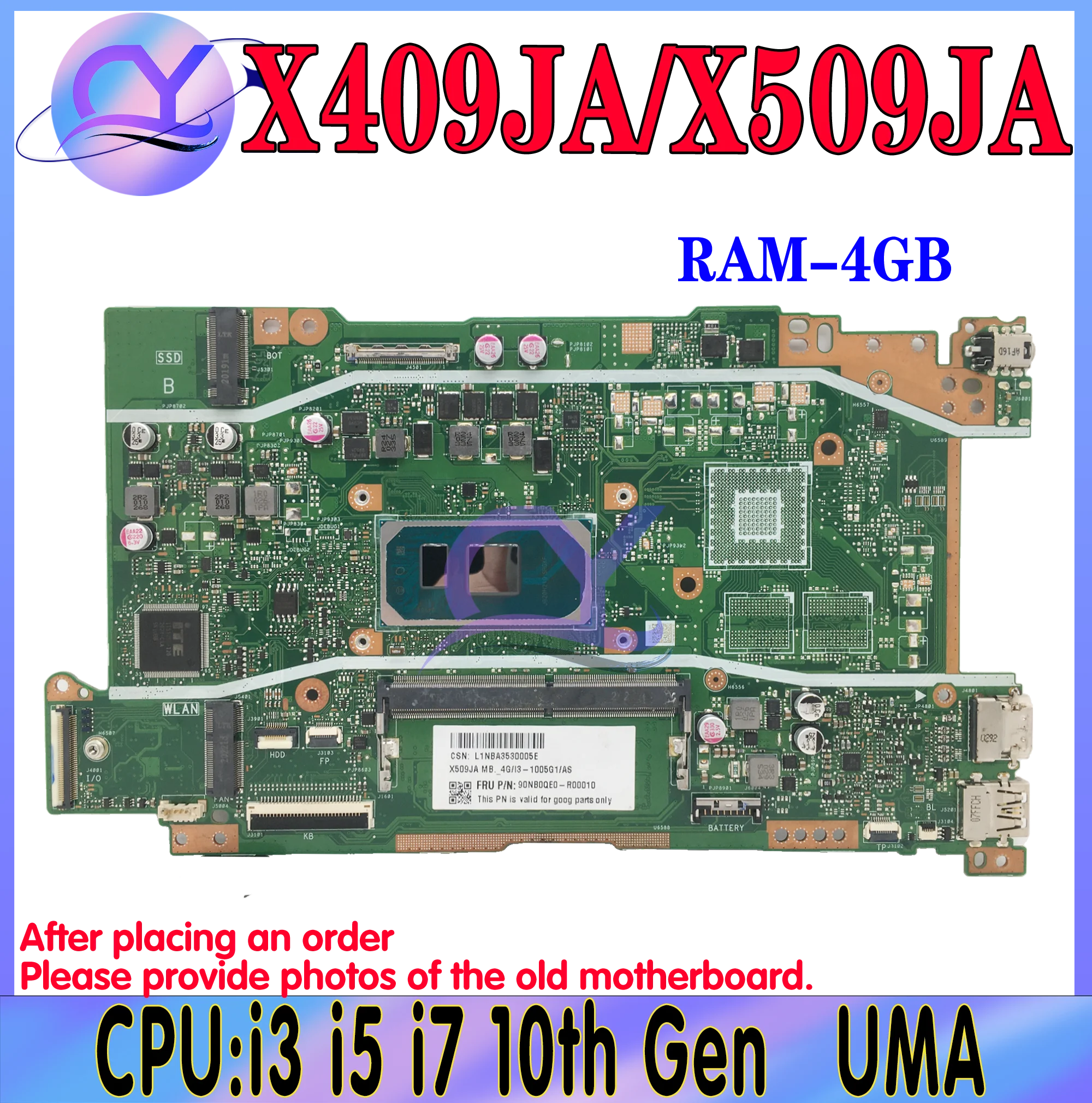 Placa-mãe portátil X409JA para ASUS, Mainboard, i3, i5, i7, CPU, 4G-RAM, 920MX, 100% testado OK