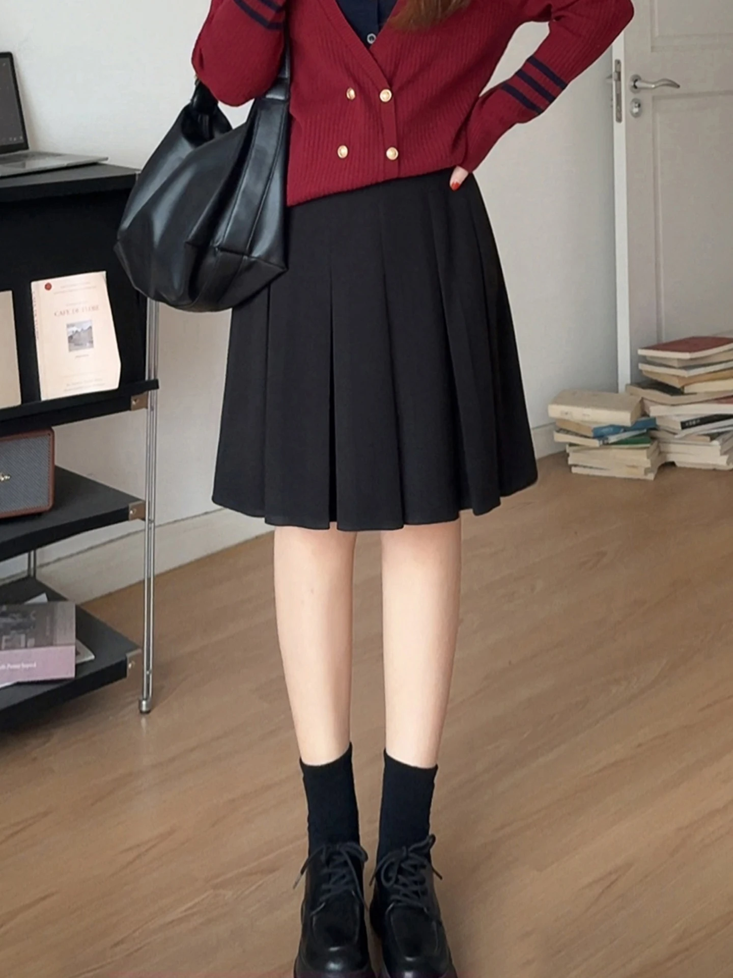 

Плиссированная юбка трапециевидной формы с высокой талией для полных женщин, длина груши в стиле пять четвертей, осенне-зимняя юбка из полиэфирного волокна