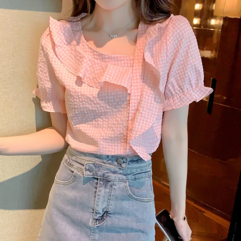 Sweet Pleated Patchwork Plaid Blouse Summer New Short Sleeve Thin Youth All-match Korean Shirt Tops Fashion Casual Women Clothes