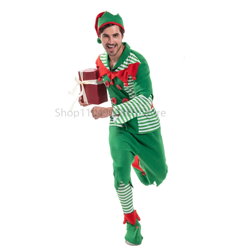 

Christmas Santa Claus Costume Green Elf Cosplay Family Carnival Party New Year Fancy Dress Clothes Set For Men