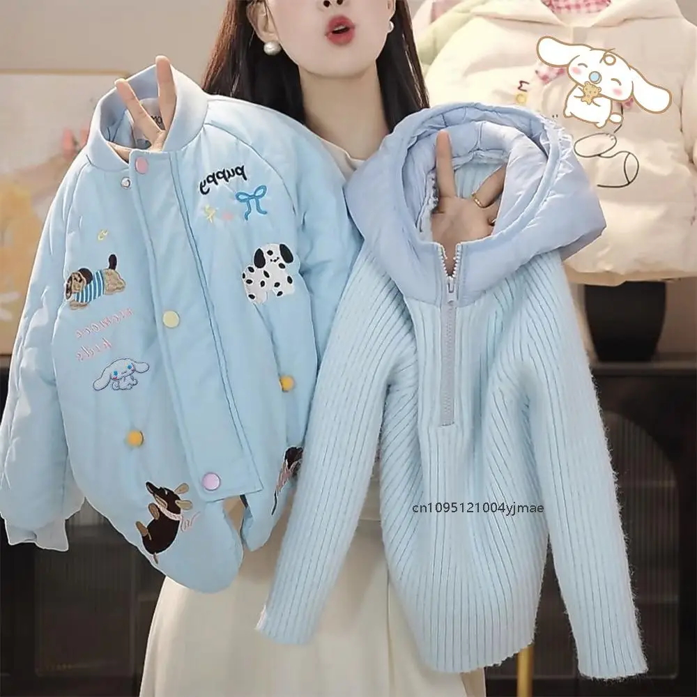 

2Pcs Winter New Cinnamoroll Girls Jacket Sweater Set Anime Sanrio Teen Fashion Thicken Warm Embroidery Kids Cotton-Padded Jacket