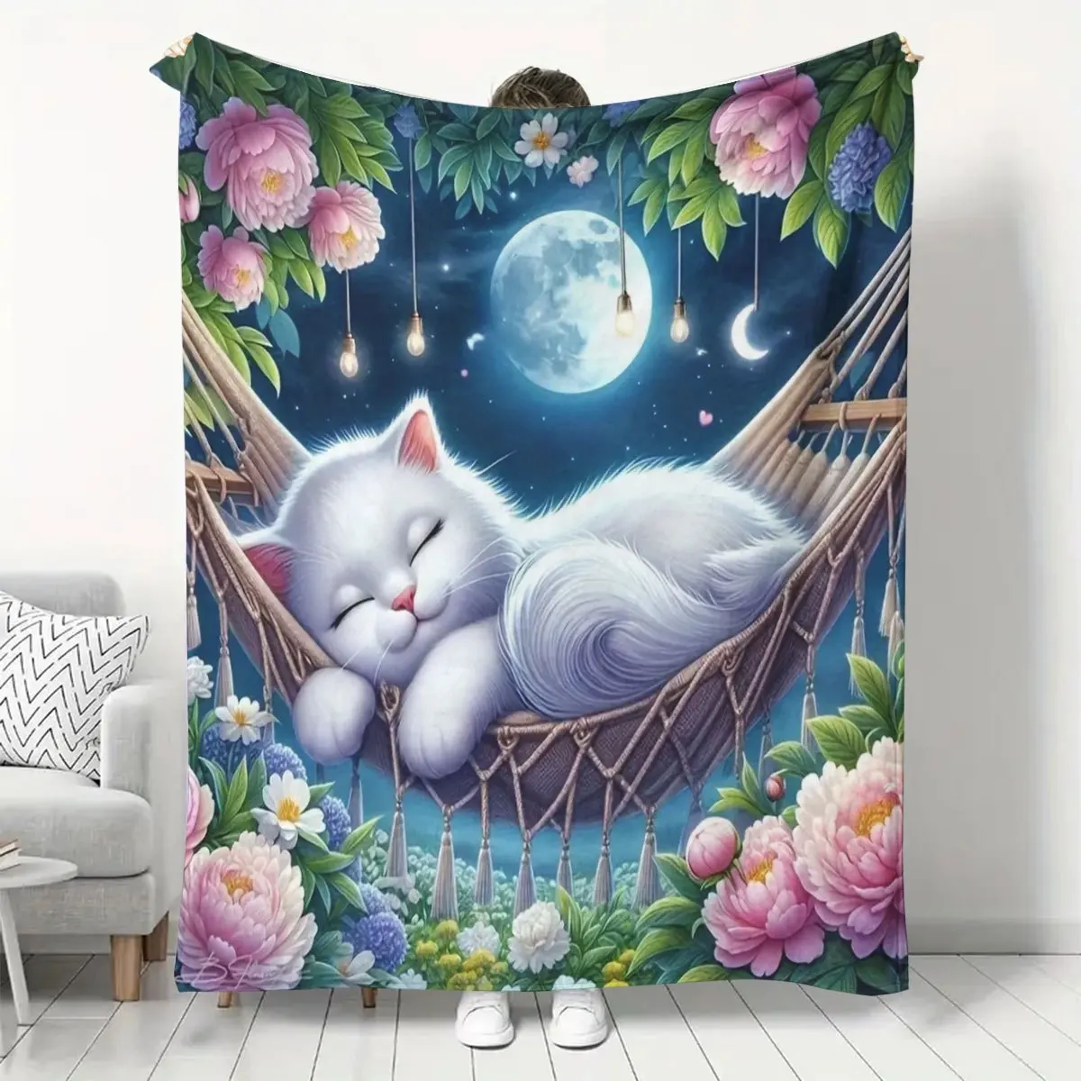 A 5D Moonlight Flower Basket Blanket Featuring a Cute Cat Design, Made of Soft And Warm Flannel, Perfect for Use As a Sofa Throw