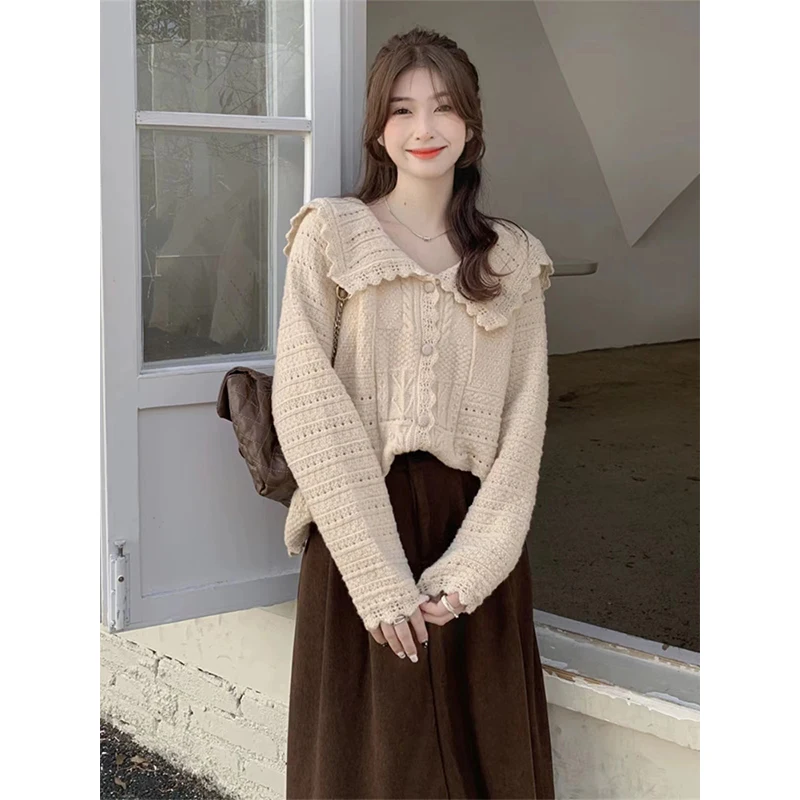 Women Autumn Korean Fashion Solid Color Peter Pan Collar Long Sleeve Knitwear Ladies Trend All-match Knitting Cardigan Coat