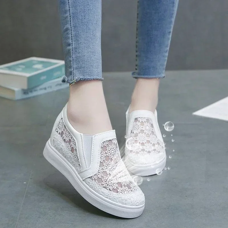 2024Lace Women Shoes  Spring Summer Wedges  For  Black White Breathable  Flower Sneakers  Loafers