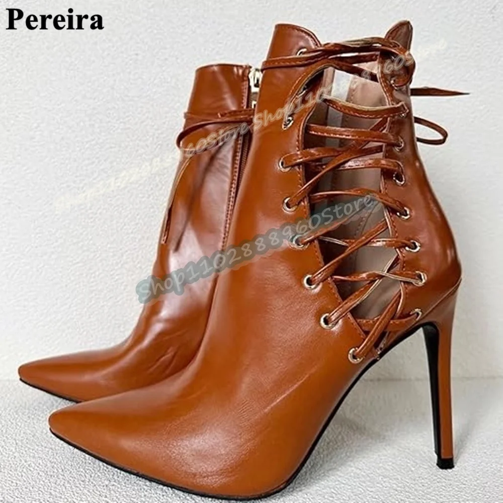 

Casual Brown Leather Cross Tied Pointy Ankle Boots Stilettos High Heel Shoes For Women Side Zipper Pointed Toe Stylish Shoes