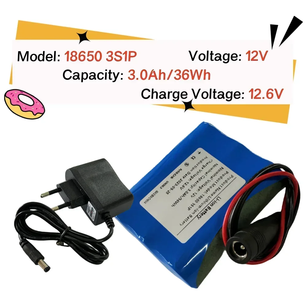 

12V 3000mAh 3S1P 18650 Lithium Battery Pack Suitable For Projector, Speaker, And Wireless Monitoring Battery +12.6V Charger