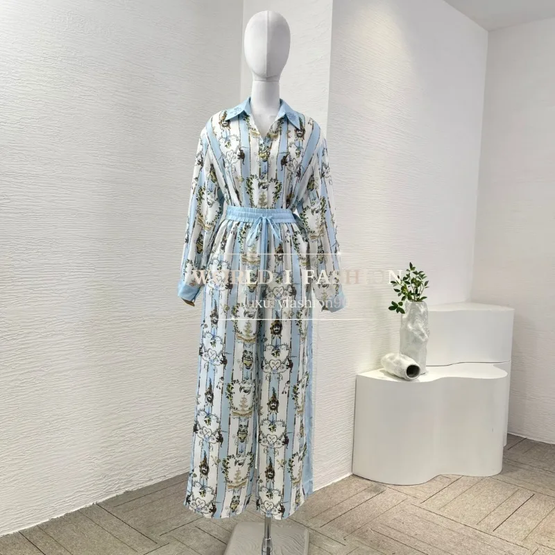 

Blue Monkey Striped Floral Print Long Sleeve Lapel Blouse Tops and Pants Set 2025 Silk