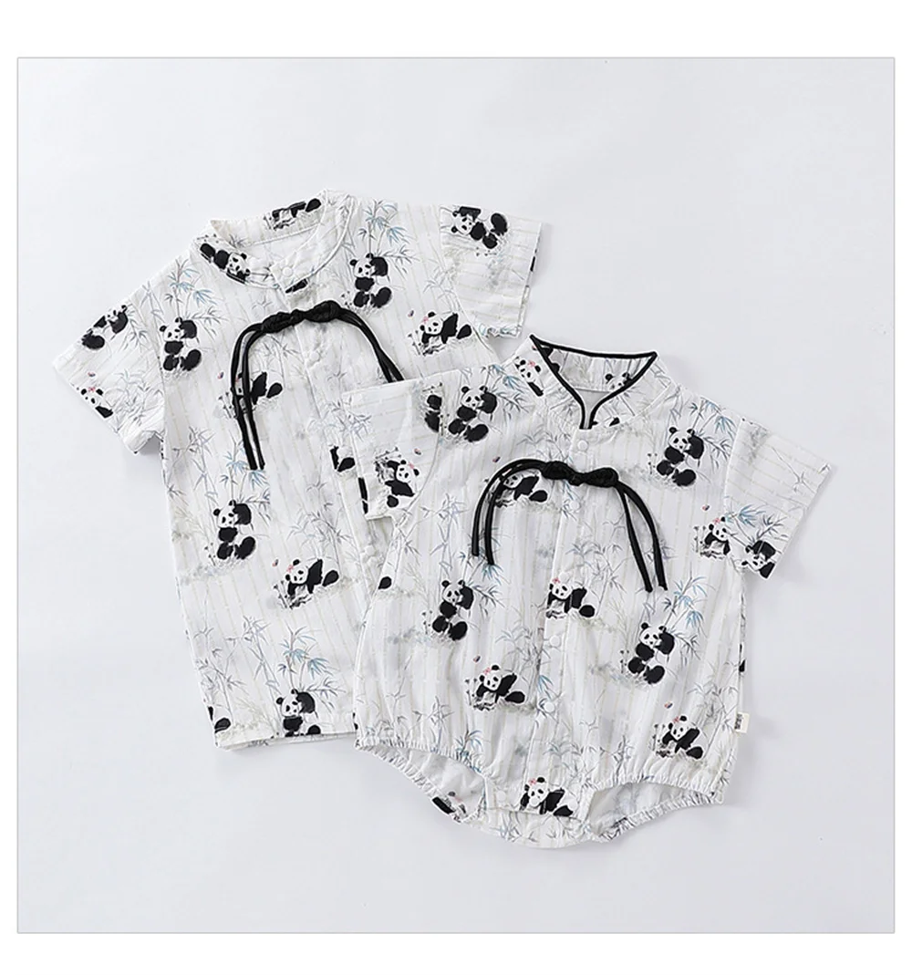 Newborn Clothes 2024 summer baby Boys Girl New Chinese Panda National Style Bag Farts Baby Cartoon Print Out Ha Clothes