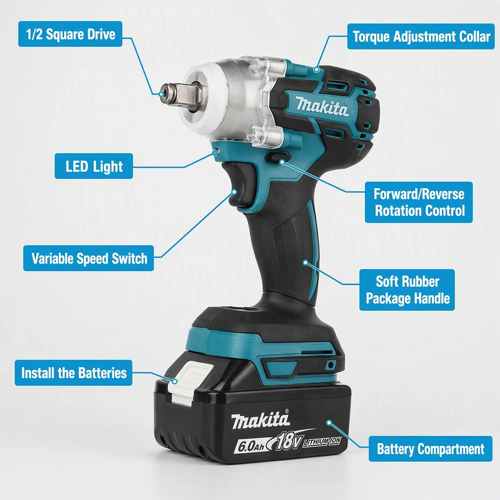 For Makita 18V Battery Pins DTW285 Brushless Impact Wrench High Torque for Machinery Assembly Daily Household Repair Jobs