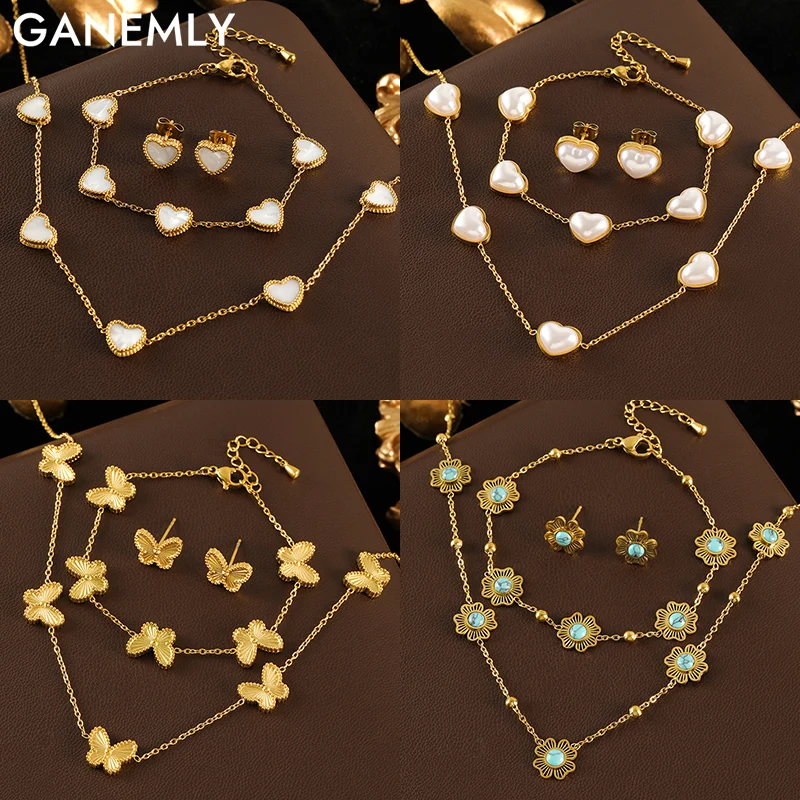 

GANEMLY 316L Stainless Steel Heart Butterfly Necklace Bracelet Earrings Set For Women Fashion Exquisite Waterproof Jewelry Set