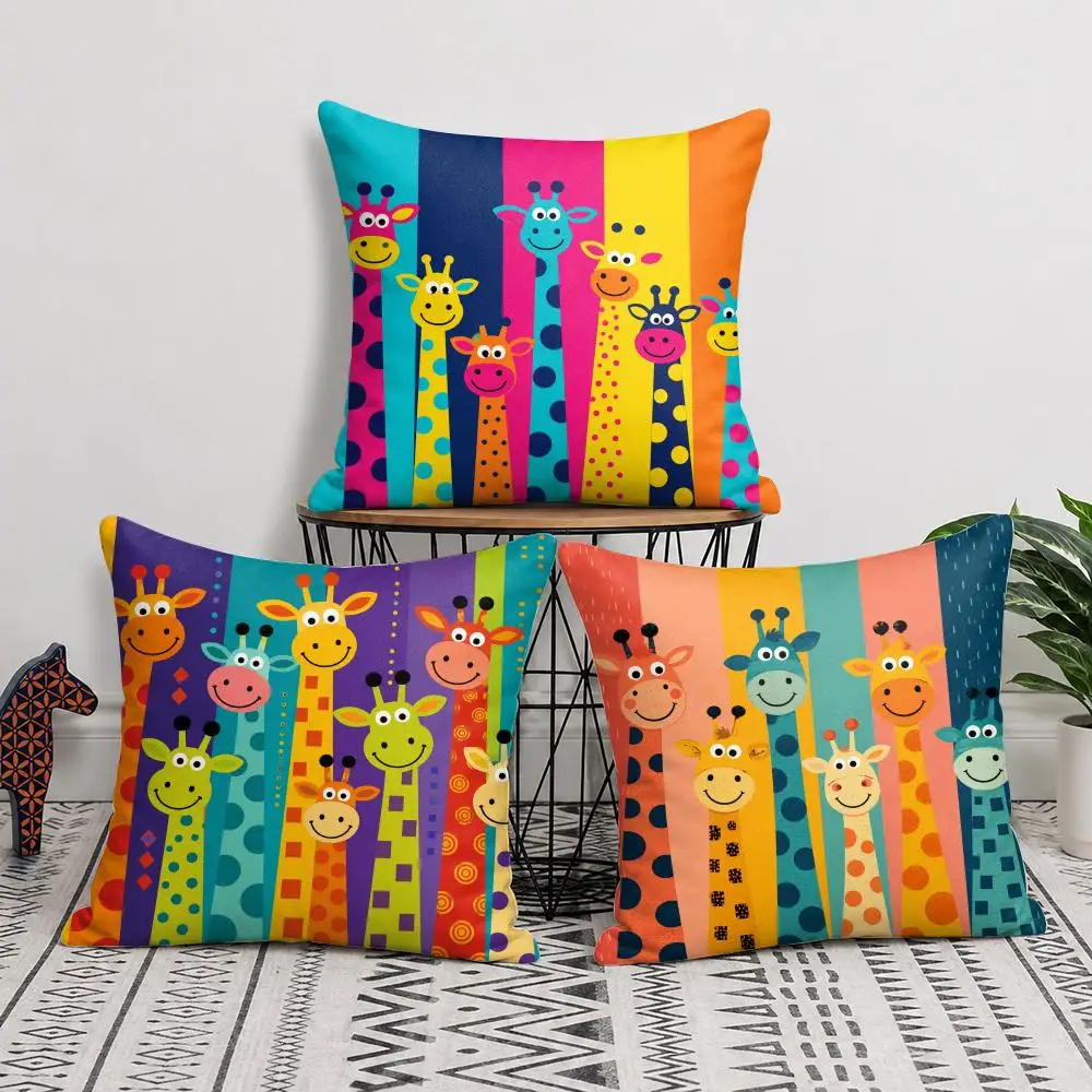 Cute Giraffe Cushion Cover Short Plush Soft Double-Sided Printing Pillow Case Cozy Sofa Bedroom Home Decor Gift