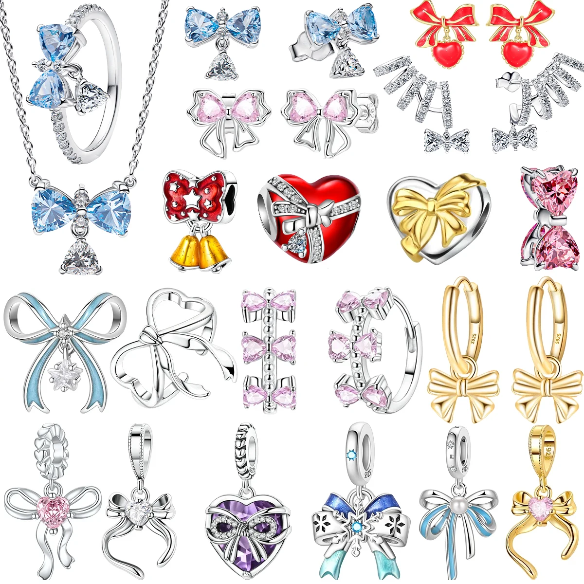 

Original 925 Sterling Silver Charms Colorful Bow Set Earrings Ring Beads Pendant for Women Bracelets Necklaces DIY Jewelry Gift