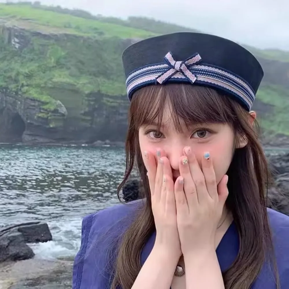 

Cute Spice Girl Bow Sailor Caps Japanese Flip Brim Women's Navy Hat Striped JK Y2k Berets Outdoor