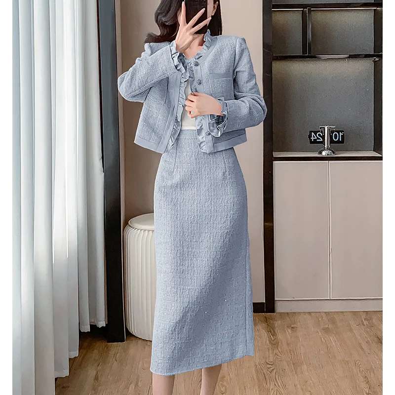 2-pcs pink tweed suit jacket+half length skirt 2024 new autumn and winter small fragrance style temperament set