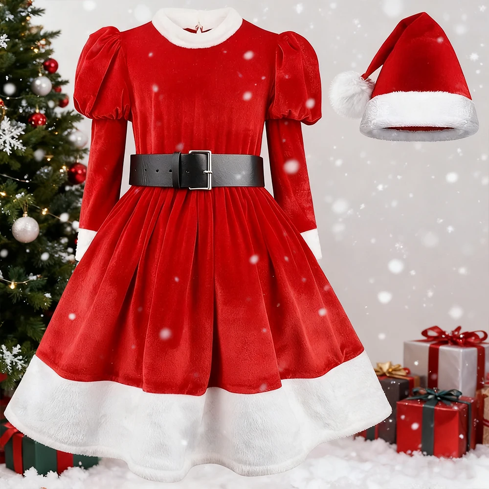 Girls Christmas Santa Claus Cosplay Costume Dress+Hat 2Pcs Sets For Children Velvet Princess Dress Kids Xmas Party Red Clothes