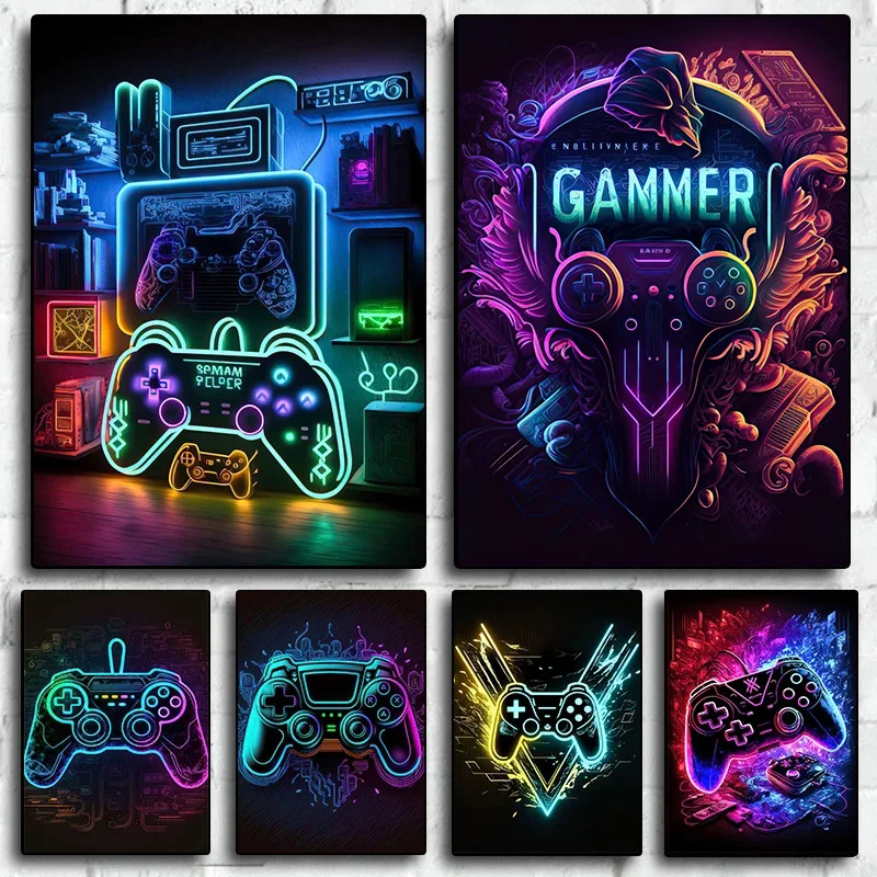 Neon Pop Cool Gaming Wall Art Canvas Painting, Colorful Gamer Controller Poster and Prints E-sports Room Decor Gift No Lights
