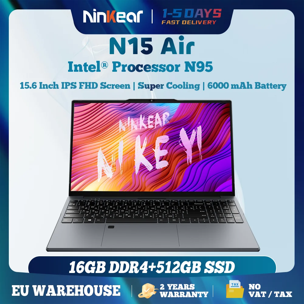 Ninkear N15 Air Laptop Intel N95 15,6 Zoll FHD IPS 16 GB DDR4 512 GB SSD Tastatur mit Hintergrundbeleuchtung Fingerabdruck-Entsperrung Notebook