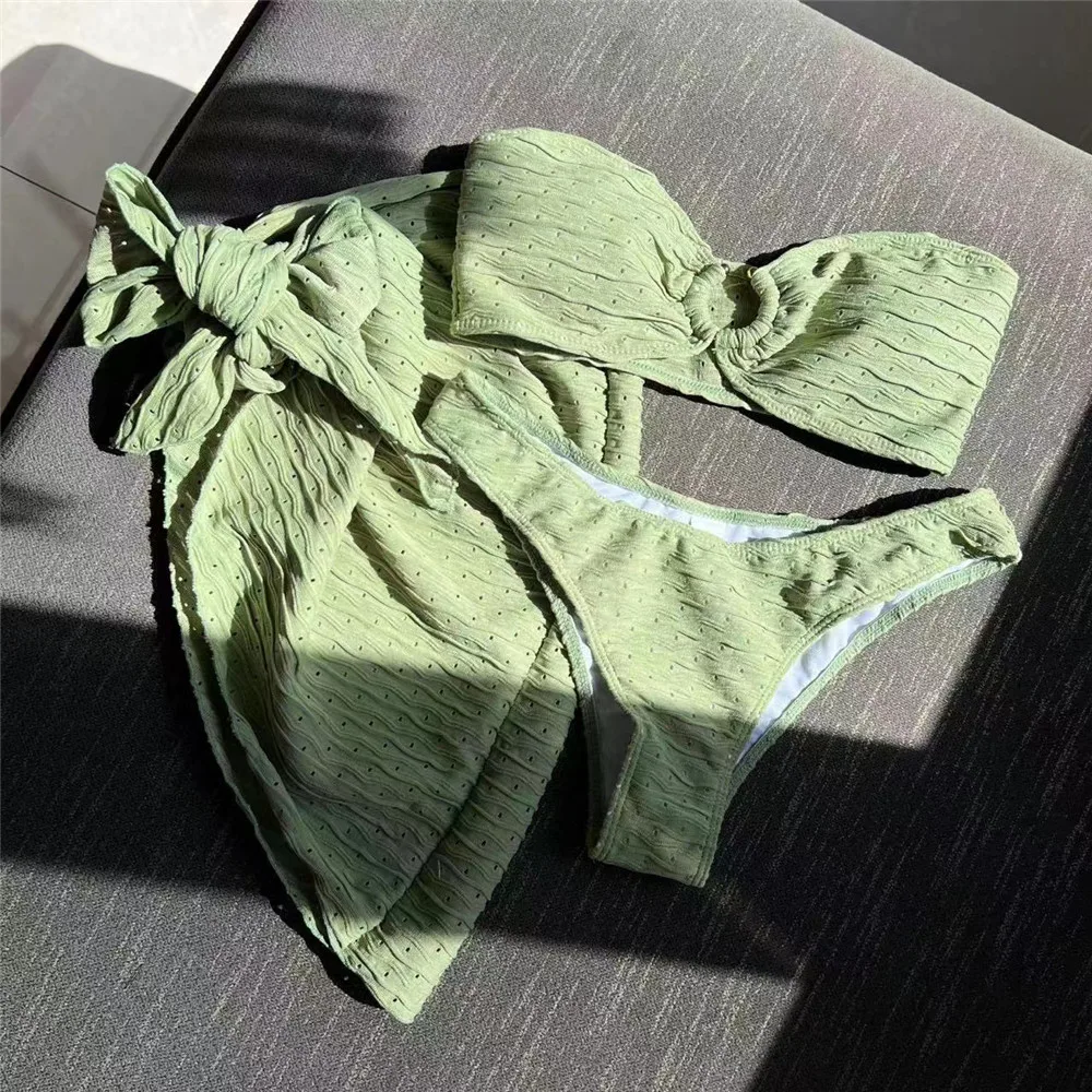 Textura verde bandeau biquinis define banho cobrir sexy maiô feminino anel de metal maiô beach wear bikini 2025 mujer