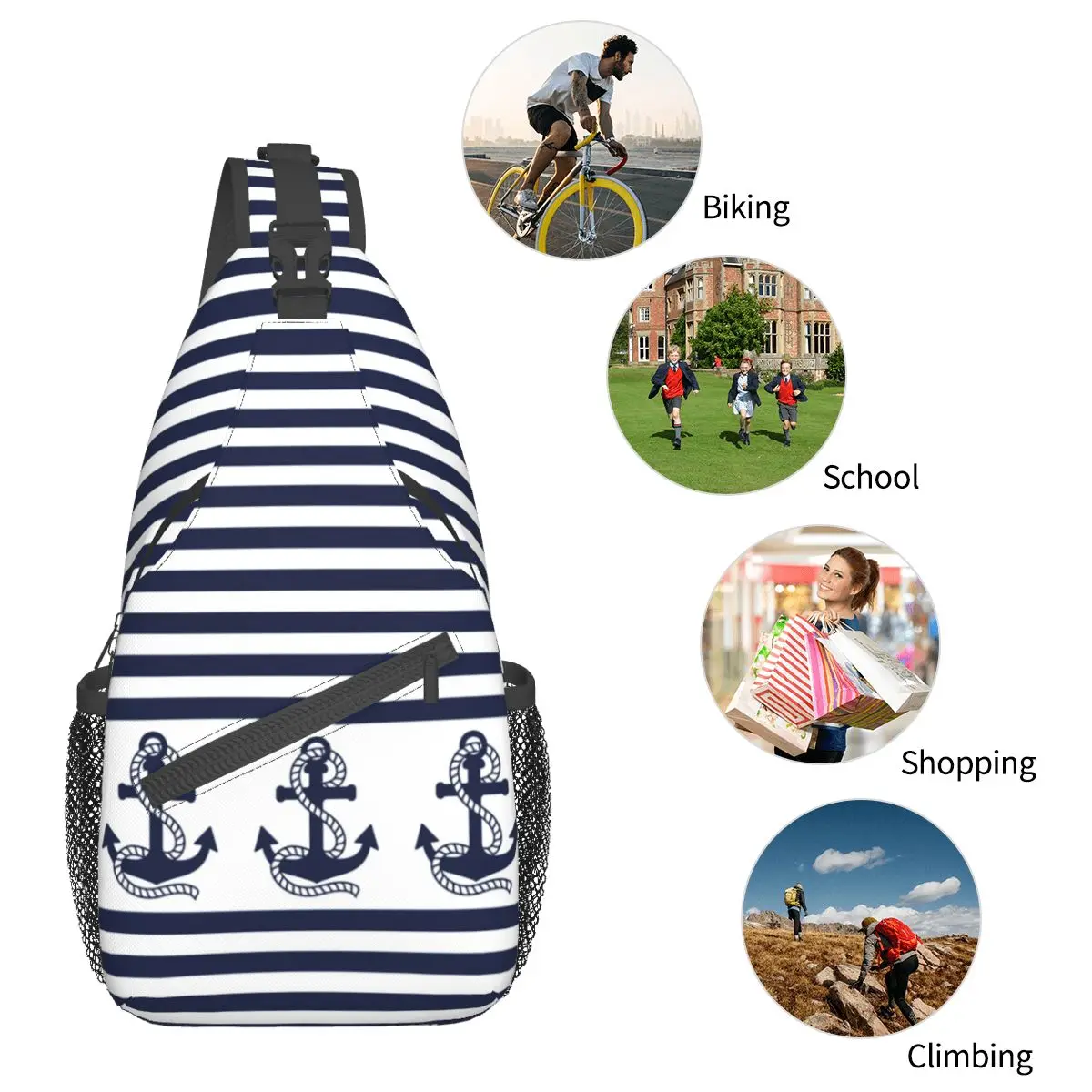 Náutico Stripes Âncora Pequeno Sling Sacos Peito Crossbody Ombro Sling Mochila Outdoor Caminhadas Daypacks Leme Vela Marinha