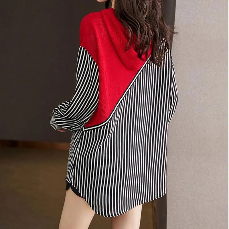 High Street Striped Patchwork Knitted Shirt Female Clothing Hooded Drawstring Spring Autumn Long Sleeve Korean Loose Midi Blouse