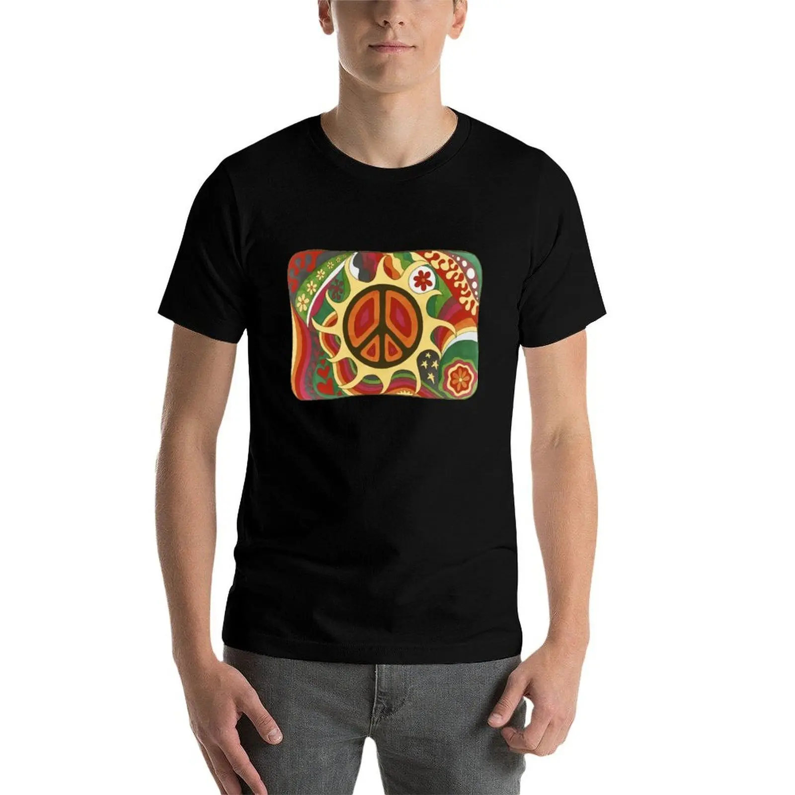 

Vintage Psychedelic Flaming Peace T-Shirt mens graphic t shirts black cotton t-shirt plain for man package T-Shirt
