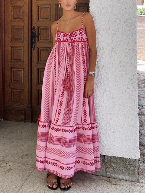 Damska letnia zwiewna sukienka bez rękawów Bohemian Geometric Print Crochet Tassels A-Line Party Dresses for Vacation Beach Streetwear