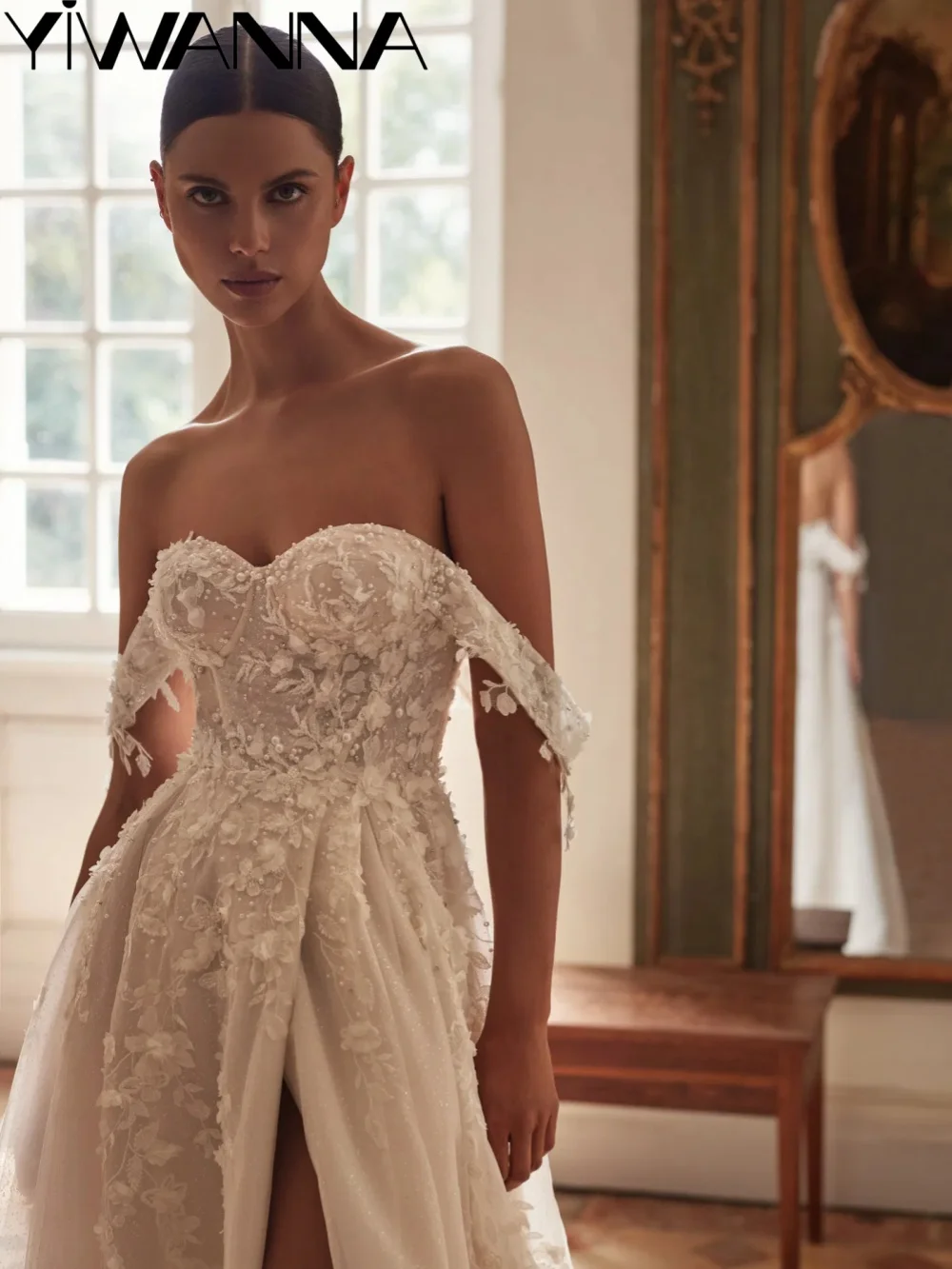 

Glamorous Pearls 3D Floral Wedding Dress Off Shoulder High Slit Bridal Gown Customzied Classic A-line Long Dresses For Bride