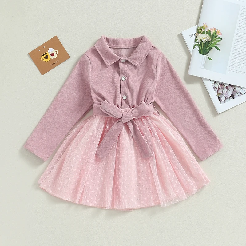 Listenwind 3-7Y Kids Girls  Fall Princess Dress Wedge Block Pattern Mesh Patchwork Turn-Down Collar Long Sleeve Dress with Belt