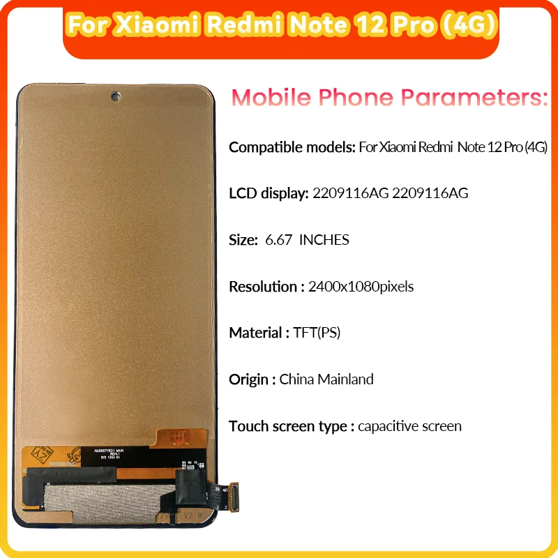 6.67 For Xiaomi Redmi Note 12 Pro 4G mobile phone display LCD touch screen digitising 2209116AG replacement LCD display