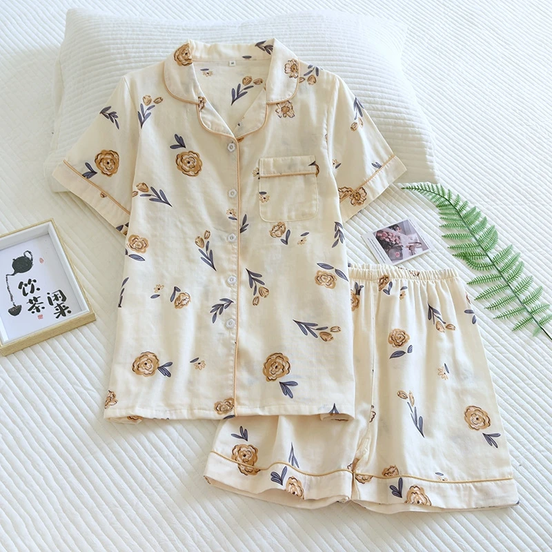

Casual Cute Pajama Sets For Women Rabbit And Flower Print Sleepwear Suit Short Sleeve Lapel Top And Elastic Shorts Loungewear