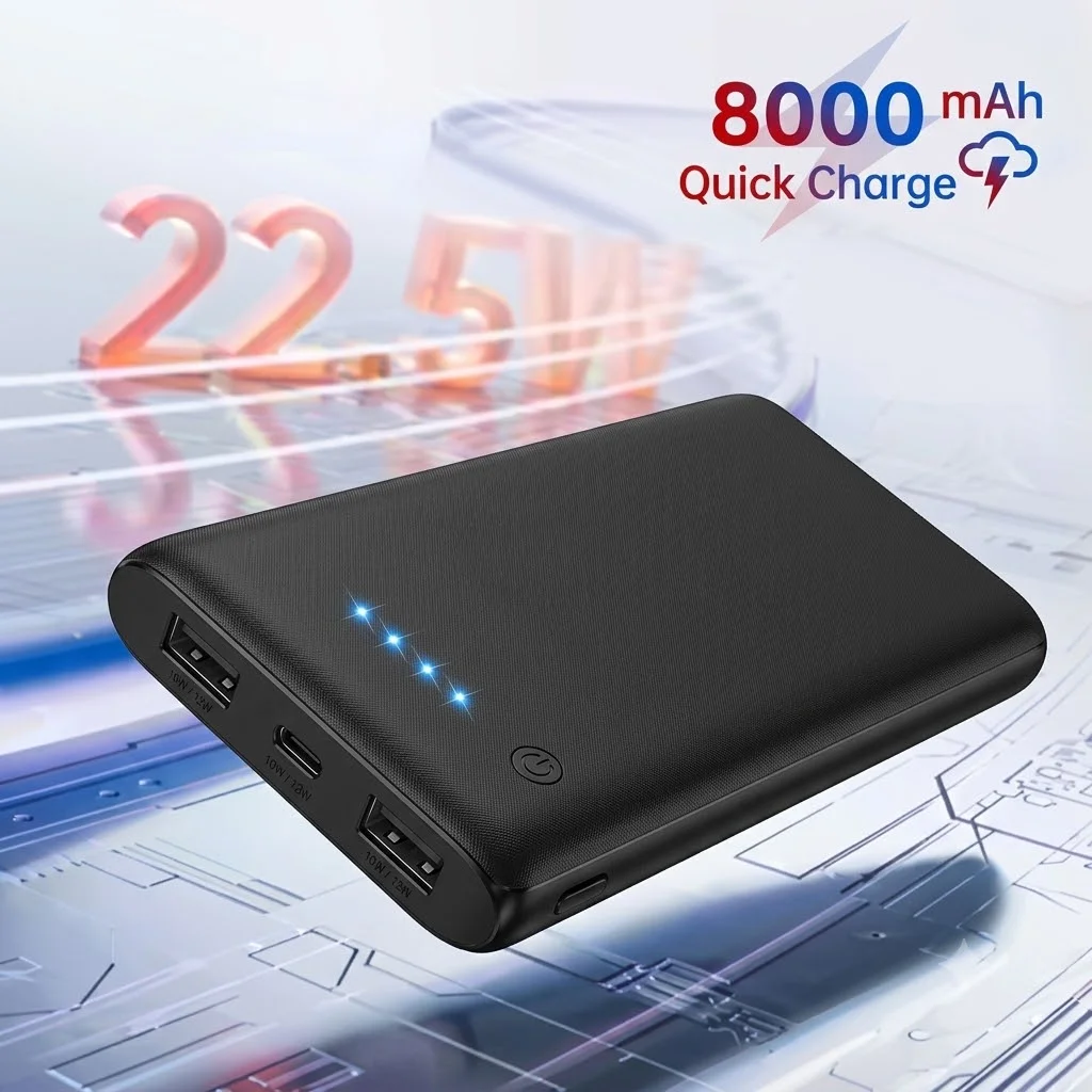 Ultra Thin 8000mAh Power Bank 22.5W PD Fast Charge Portable Charger USB C Type C External Battery Pack Glossy Pocket Travel Backup Power Supply for iPhone 17 16 15 14 Pro Max Plus iPad Tablet Samsung Galaxy S26 S25 S24 Ultra Pixel