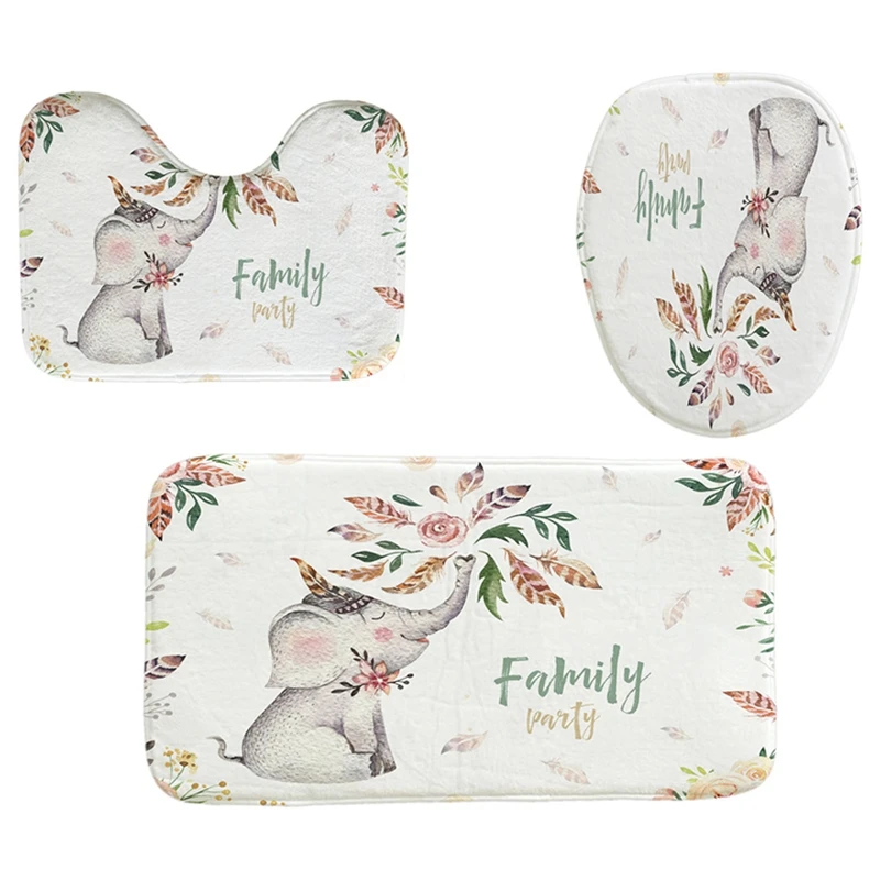 4Pcs Home Bathroom Decor Set Cool White Background Flower Elephant Pattern Toilet Seat Cover Bath Mat Set Waterproof Shower