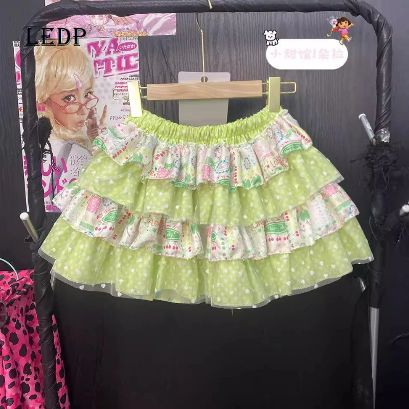 

Оригинальный дизайн, зеленая милая женская мини-юбка с милым принтом, новая крутая девушка, красочный Y2K, бант, высокая талия, пышные юбки-тортики, женские юбки