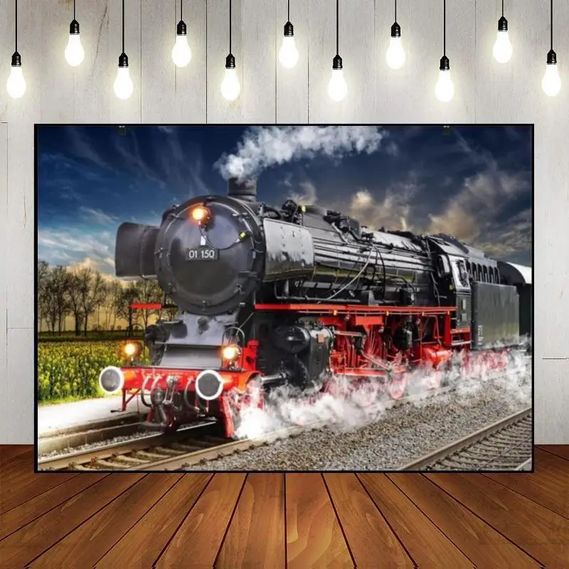 Old Steam Locomotive Train Railroad Track Background Baby Shower Decoration Photography Backdrops Vintage Station Banner Party