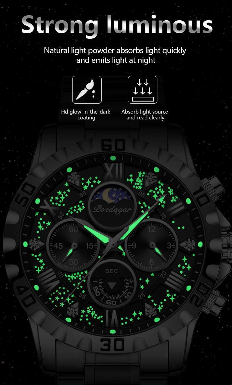 POEDAGAR Luxus Mann Uhr Wasserdicht Leucht Edelstahl Quarz herren Armbanduhr Chronograph Militär Uhren Für Männer Reloj – Detail 12