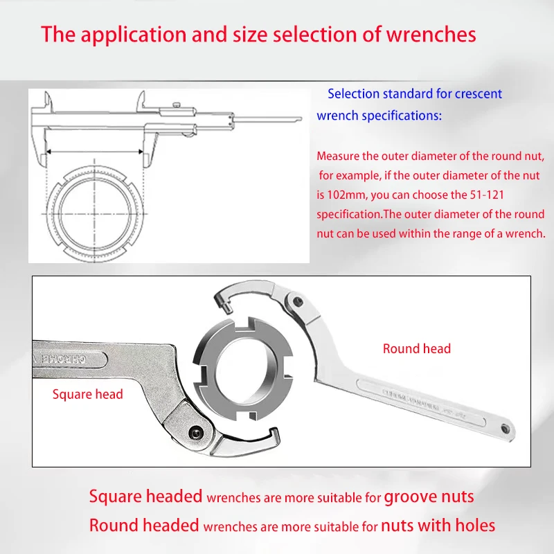 Adjustable Wrench Hook Spanner Square/Round Head CR-V Spanner For Round Bolt  Maintenance Dismantling Tools 19-51/32-76/51-120mm