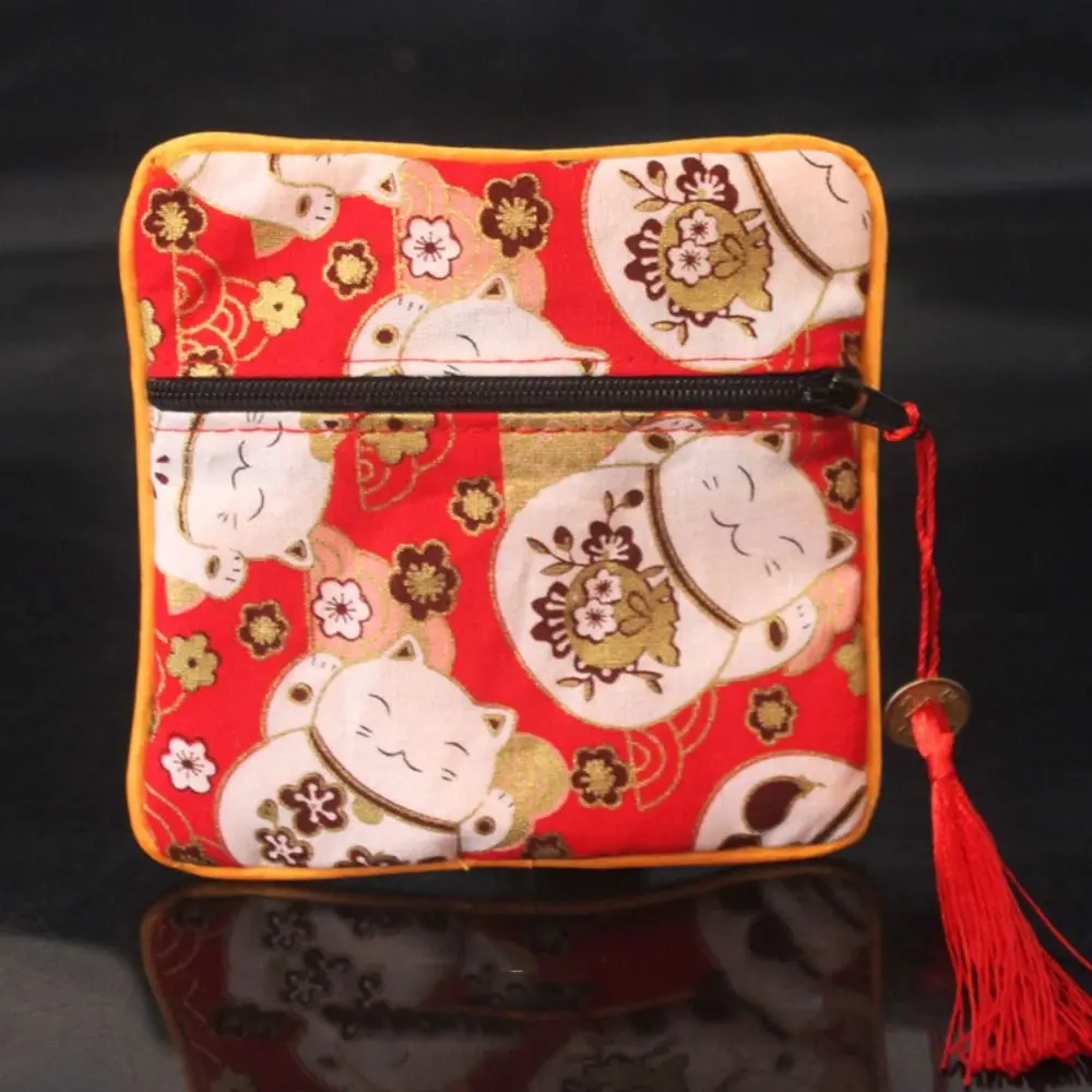 Cloth Chinese Style Coin Pouch Tassel Maneki Neko Cloth Wallet Jewelry Organizer Copper Cash Pendant Jewelry Storage Bag Ladies