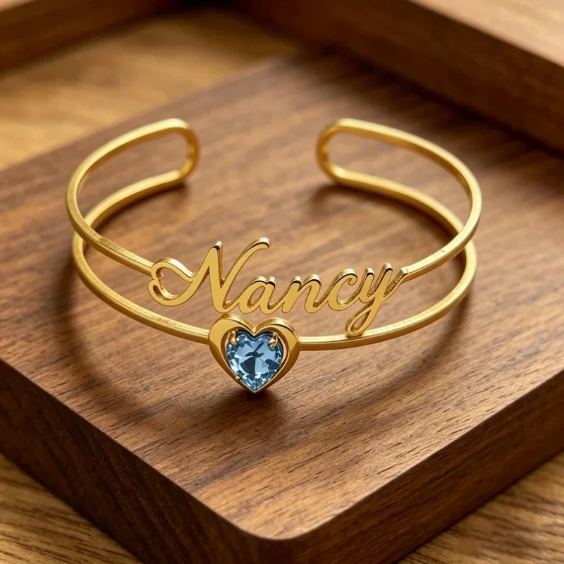 

Roro's Personalized Dainty Heart Birthstone Name Bangle Gold Nameplate Bracelet Personalized Jewelry for Women Birthday GiftKids
