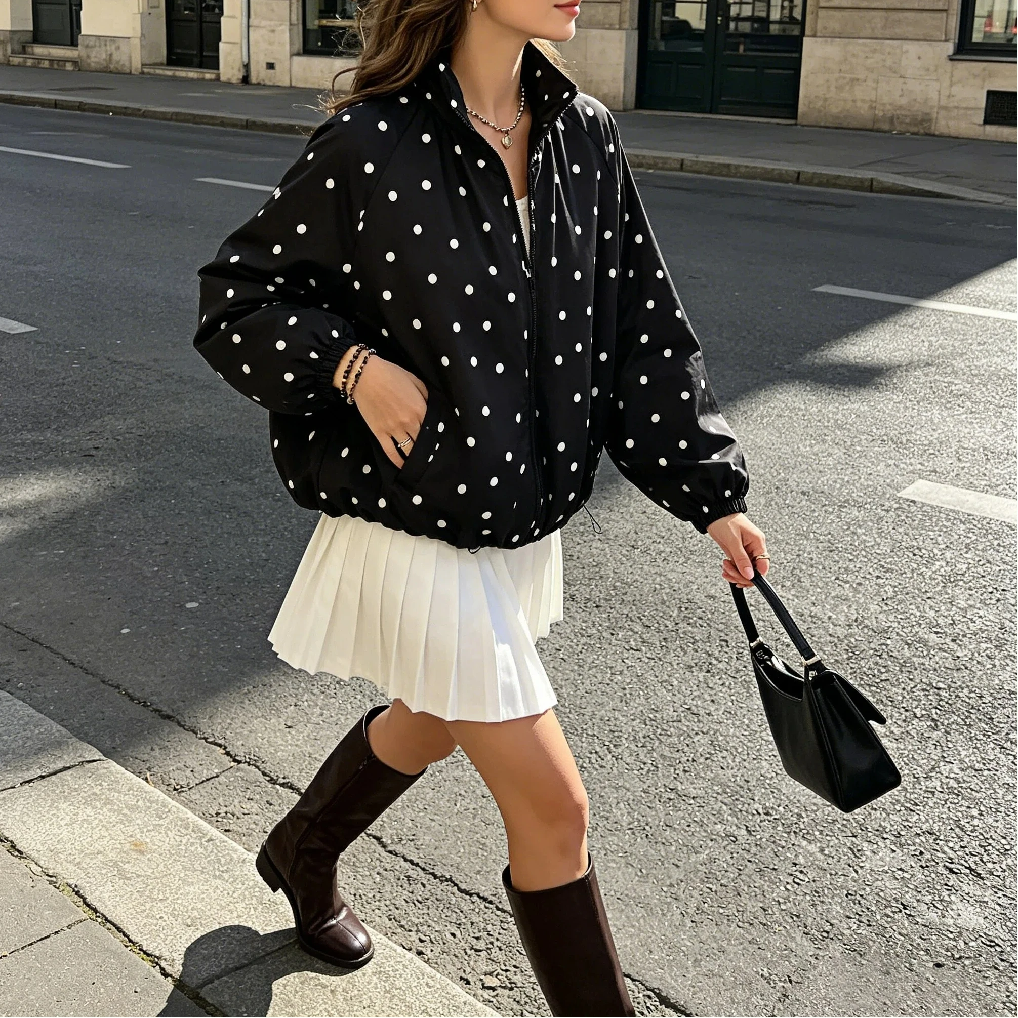 Spring Polka Dot Coat Womens 2026 High Neck Long Sleeve Zip Loose Casual Chic Jacket Outerwear Street Polka Dot