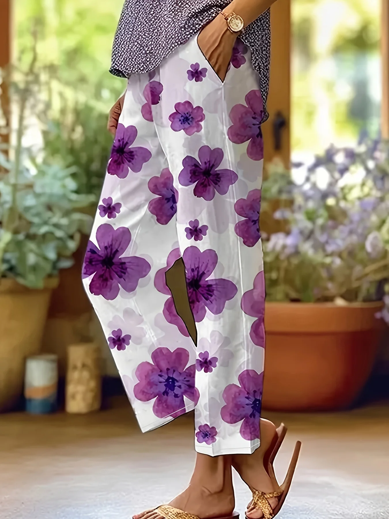 Calças de perna reta estampa floral feminina, elástico na cintura, plus size, casual, primavera, verão