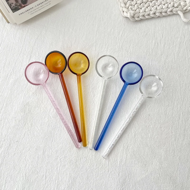 1pc Glass Milk Spoon Colored Transparent Coffee Dessert Stirring Spoon Long Handle Kitchen Tableware Stirrer Rod